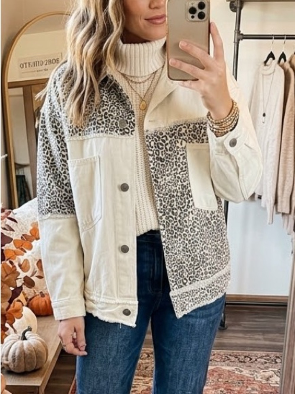 Oli & Hali Leopard Colorblock Oversized Denim Jacket Medium